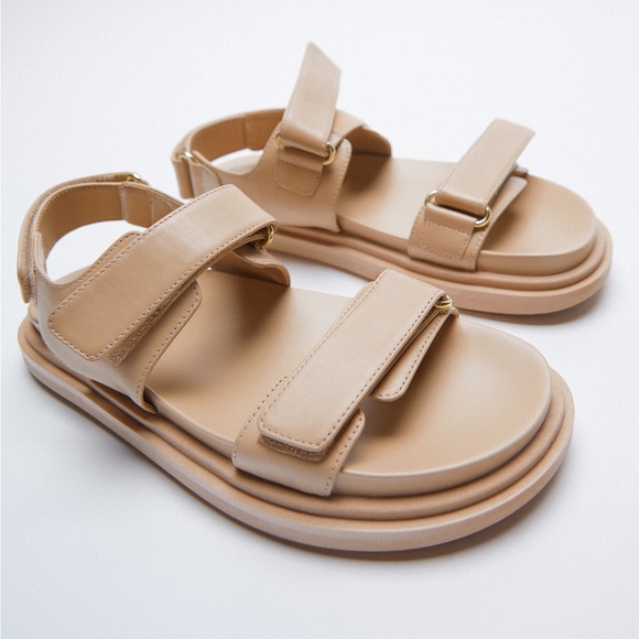 Zara Shoes - Zara adhesive strap low heel leather sandals beige NWT